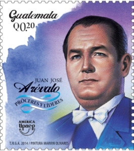 Sello de la coleccilón "Próceres y Líderes" con la imágen del Dr. Juan José Arévalo Bermejo, Presidente de Guatemala de 1945 a 1951.